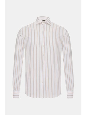 Vakko Tan Striped Cotton Shirt