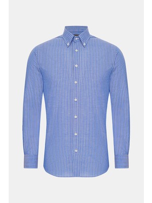 Vakko Dark Blue Striped Cotton Linen Shirt
