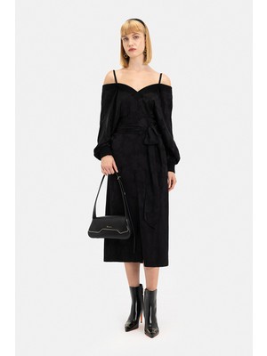Vakko Black Long Sleeve Below-Knee Dress