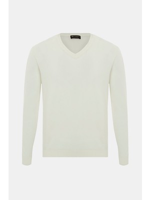 Vakko Ecru V-Neck Knit Sweater