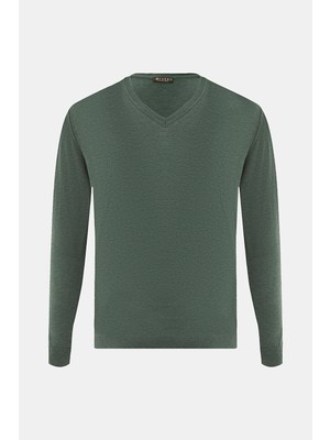 Vakko Green V-Neck Knit Sweater