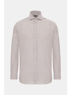 Vakko Dark Beige Striped Cotton Shirt