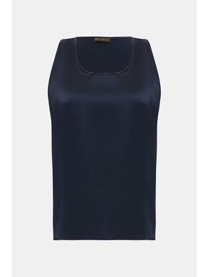 Vakko Navy Round Neck Sleeveless Blouse