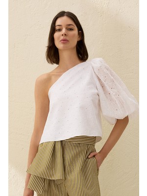 Vakko White One-Shoulder Blouse