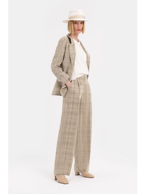 Vakko Beige Plaid Wide-Leg Trousers