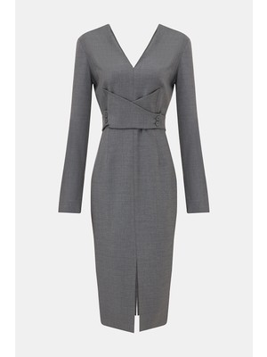 Vakko Grey Melange Long Sleeve Below-Knee Dress