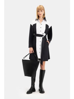 Vakko Black Long Sleeve Short Dress