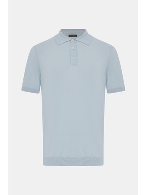 Vakko Buttoned Polo Collar Short Sleeve Plain Knit Top