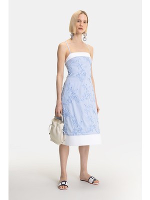 Vakko Blue-White Sleeveless Midi Dress