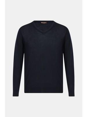Vakko Navy V-Neck Knit Sweater
