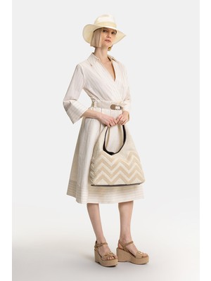 Vakko Beige Three-Quarter Sleeve Midi Dress