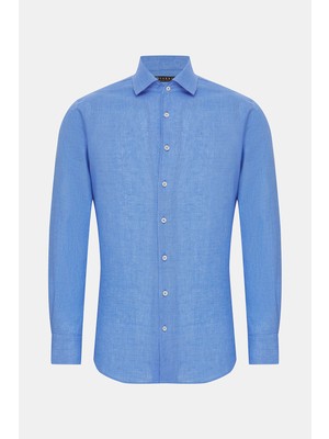 Vakko Dark Blue Linen Casual Shirt