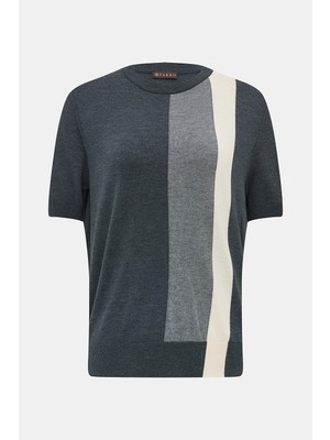 Vakko Anthracite Round Neck Short Sleeve Blouse