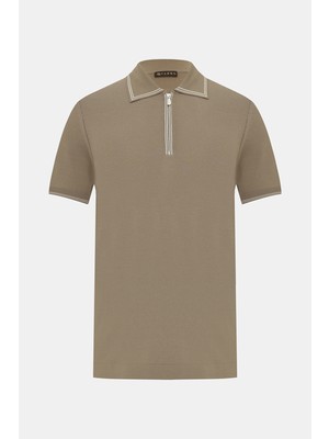 Vakko Zip Polo Collar Short Sleeve Knit Top