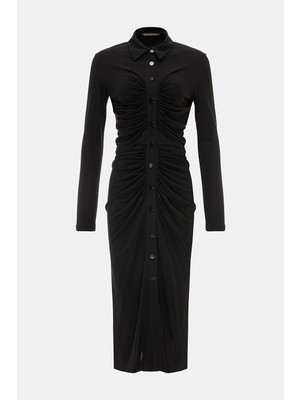 Vakko Black Long Sleeve Below-Knee Dress