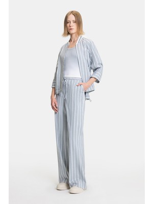 Vakko Grey Striped Wide-Leg Trousers