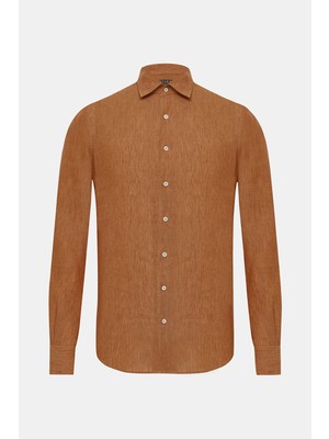 Vakko Tan Linen Casual Shirt
