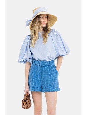 Vakko Blue Crew Neck Long Sleeve Blouse