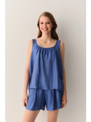 Suwen Blue Cream Tank Top And Shorts Pajama Set