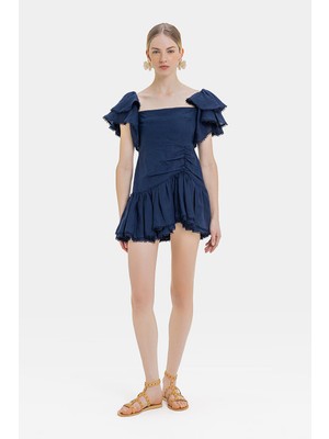 Vakko Navy Drop Sleeve Short Dress