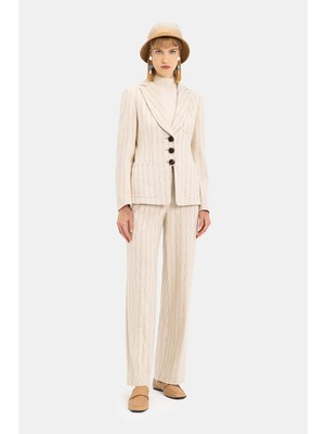 Vakko Beige Striped Pattern Straight-Leg Trousers