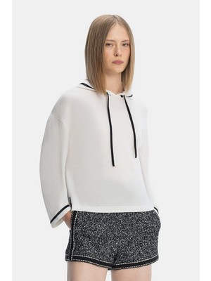 Vakko White Cashmere-Wool Hooded Knit Sweater