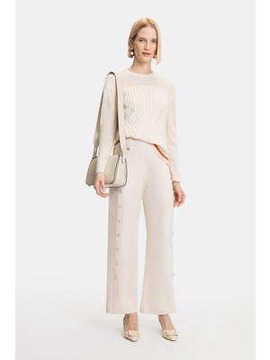 Vakko Ecru Wide-Leg Trousers