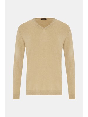 Vakko Camel V-Neck Knit Sweater