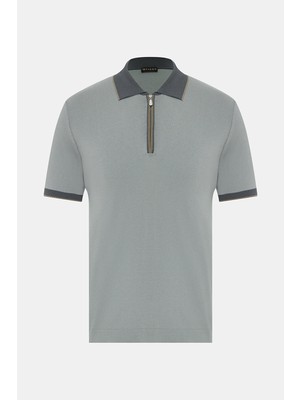 Vakko Zip Polo Collar Short Sleeve Knit Top