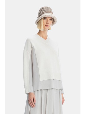 Vakko By Lorena Antonıazzı Ecru V-Neck Knit Sweater