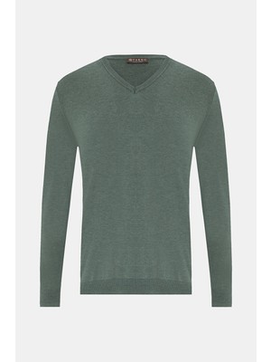 Vakko Green V-Neck Knit Sweater
