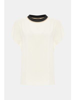 Vakko Ecru Round Neck Short Sleeve Blouse