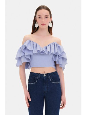 Vakko Blue Ruffled Blouse