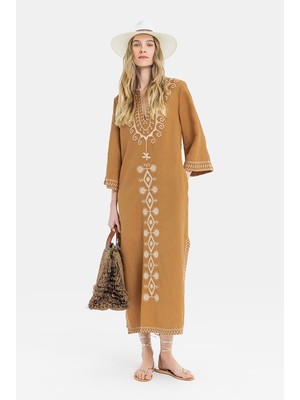 Vakko Tan Long Sleeve Dress