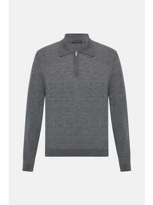 Vakko Zip Polo Collar Long Sleeve Knit Sweater