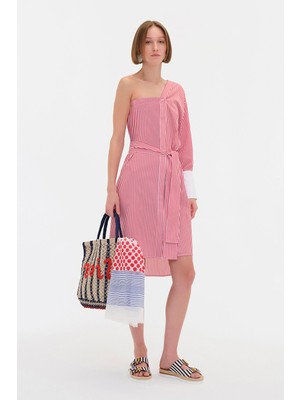 Vakko Red Striped Asymmetric Dress