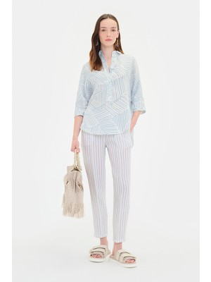 Vakko White Striped Linen Trousers