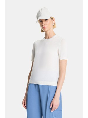 Vakko Ecru Crew Neck Knit Sweater