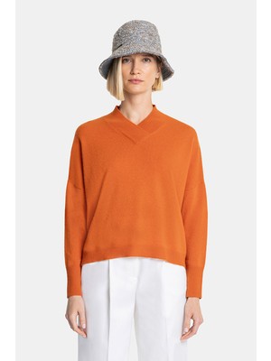 Vakko Orange V-Neck Cashmere Knit Sweater
