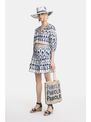 Vakko Navy Patterned Mini Skirt