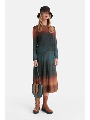 Vakko Petrol Blue Ombre Pattern Midi Skirt