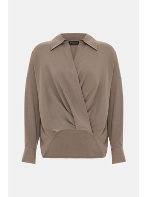 Vakko By Lorena Antonıazzı Mink Wrap Long Sleeve Blouse