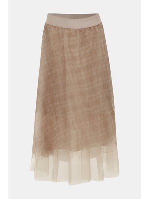 Vakko Beige Plaid Midi Skirt