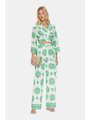 Vakko White Printed Wide-Leg Trousers