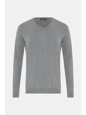 Vakko Grey Melange V-Neck Knit Sweater