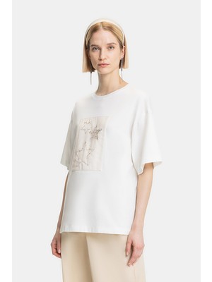 Vakko By Lorena Antonıazzı Ecru Crew Neck Short Sleeve T-Shirt