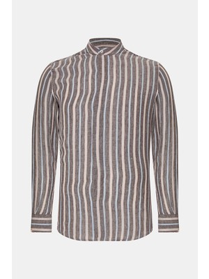 Vakko Grey Striped Linen Cotton Shirt