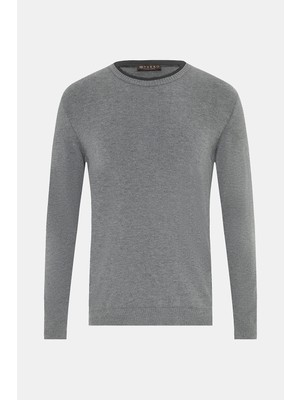 Vakko Grey Melange Round Neck Knit Sweater