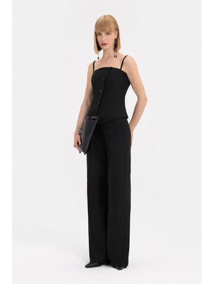 Vakko Black Striped Wide-Leg Trousers