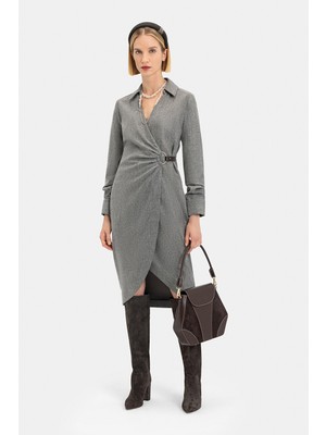 Vakko By Lorena Antonıazzı Grey Long Sleeve Asymmetric Dress